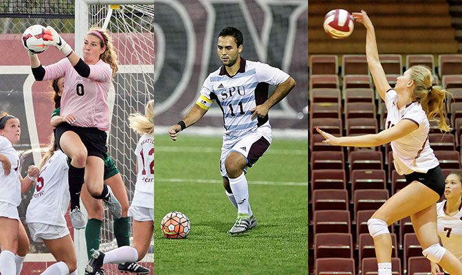 Seattle Pacific picked up three Defensive Player of the Week awards thanks to efforts by Molly Stinson (left), Jeffrey Collings (center) and Shaun Crespi.
