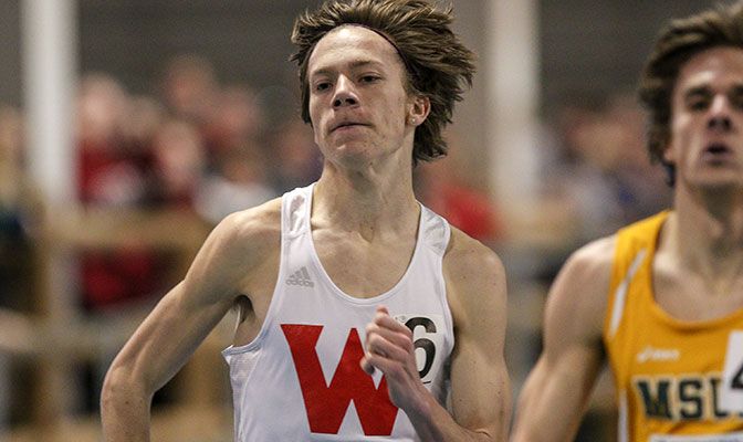 David Ribich set a GNAC record in the men's mile at the UW Invitational and anchored the WOU distance medley relay team, which also set a GNAC record. Photo by Loren Orr.