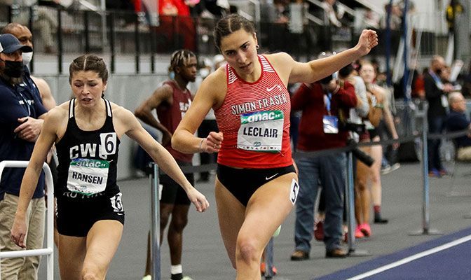Marie-Éloïse Leclair now owns GNAC records in the indoor 60 meters and the outdoor 200 meters. Photo by Loren Orr.