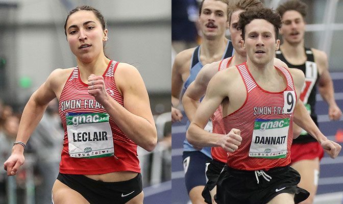 Marie-Éloïse Leclair (left) set the GNAC record in the indoor women's 200 meters while Charlie Dannatt became just the third GNAC athlete to run uner eight minutes in the 3,000 meters.