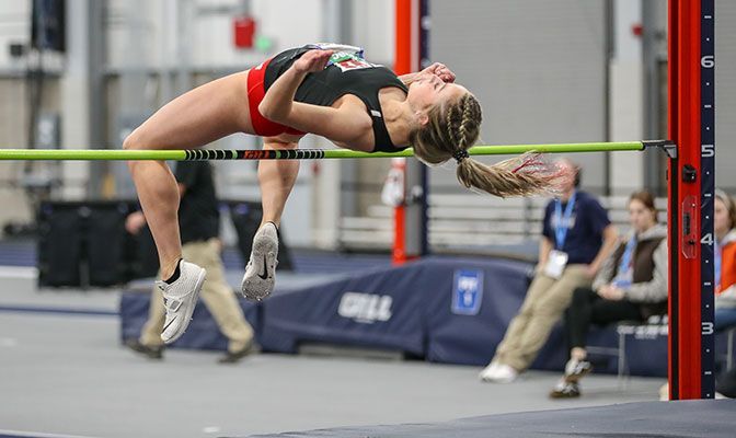 Jenelle Hurley won the 60-meter hurdles, high jump and long jump en route to her second GNAC pentathlon title. Photo by Loren Orr.