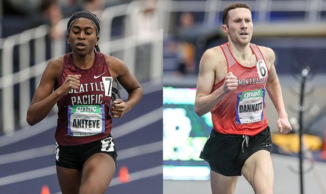 Seattle Pacific's Vanessa Aniteye (left) leads Division II in the women's 800 meters. Simon Fraser's Charlie Dannett ranks second in the men's mile. Photos by Loren Orr.