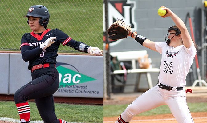 Maia McNicoll (left) hit .429 in the four-game series while Sidney Booth threw two complete-game wins, including a two-hit shutout.