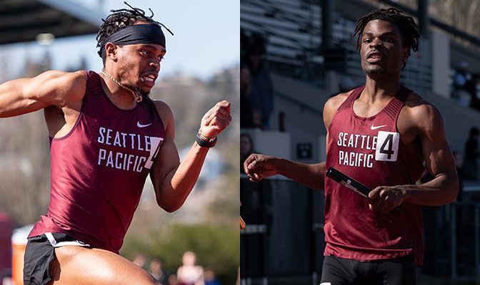 Njeri (left) won both the long jump and triple jump at the Pomona-Pitzer Invitational with a provisional qualifying mark in the triple jump. Archer won the 400 meters in a school-record time.