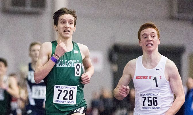 Alaska Anchorage's Dominik Notz, the defending GNAC indoor champion in the 3,000 meters and 5,000 meters, automatically qualiifed in the 5,000 at the Husky Classic with a time of 14:03.95.
