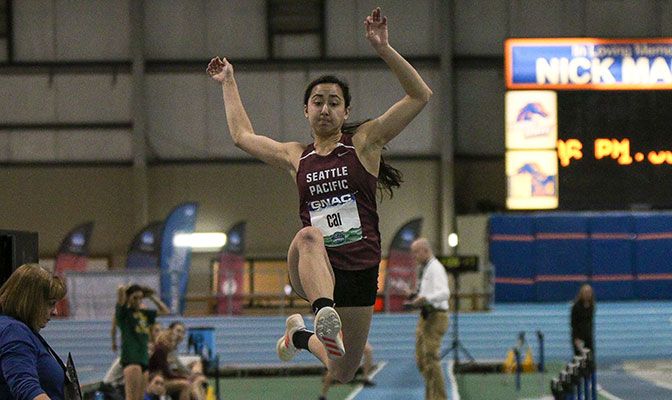 Seattle Pacific's Scout Cai became the pentathlon in just her second college multi-event with a score of 3,499 points. Photo by Loren Orr.