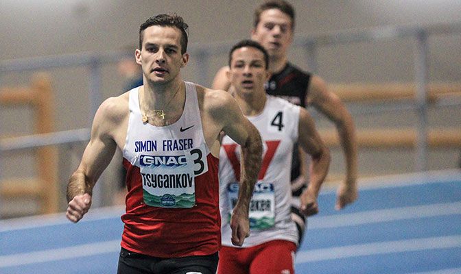 Simon Fraser's Vladislav Tsygankov was named the Male Athlete of the Meet after he repeated as long jump champion and won his first 400-meter title. Photo by Loren Orr.