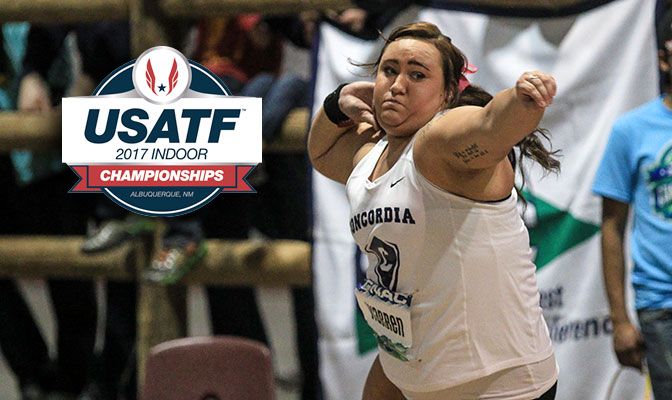McKenzie Warren set the Division II national record in the women's indoor shot put with a mark of 57 feet, 9.75 inches. Photo by Loren Orr.