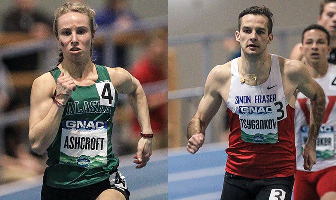 Alaska Anchorage's Jamie Ashcroft and Simon Fraser's Vlaidlsav Tsygankov, the GNAC Championships Male & Female Athletes of the Meet, are each entered in two events. Photos by Loren Orr.
