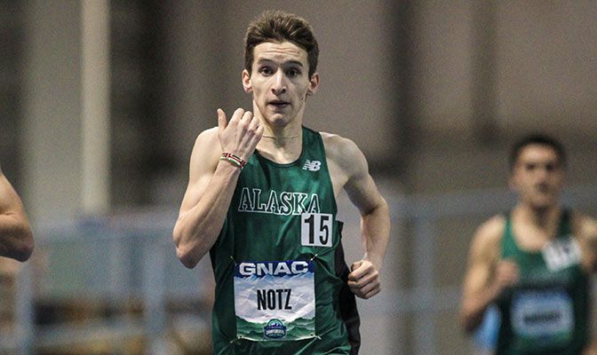 Dominik Notz earned his first All-American trophy as he placed fifth in the 5,000 meters at the Division II Indoor Track & Field Championships. Photo by Loren Orr.