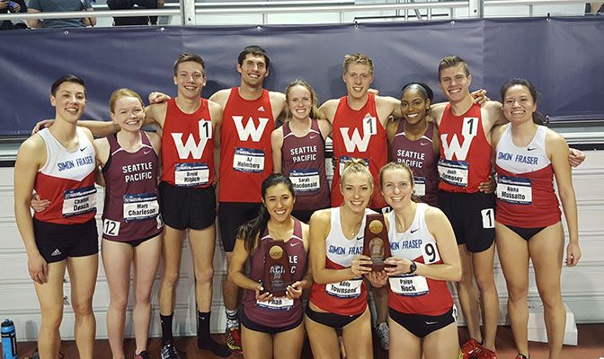 The GNAC's three All-American distance medley relay pose together after day two of the NCAA Indoor Track & Field Championships. Photo courtesy of Chris Reed.