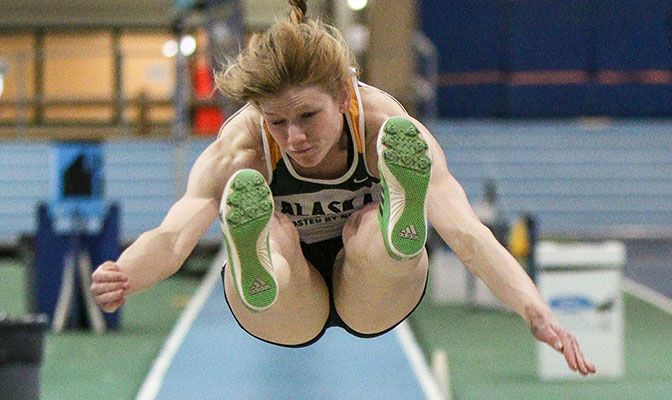 Alaska Anchorage senior Karolin Anders, shown here at the 2016 GNAC Indoor Championships, has automatically qualified for the NCAA Championships in the heptathlon. Photo by Loren Orr.