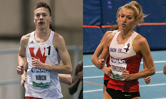 Ribich (left) earned All-American honors in the mile and anchored Western Oregon's national champion DMR. Townsend earned All-American honors in the 800 meters and the DMR. Photos by Loren Orr.