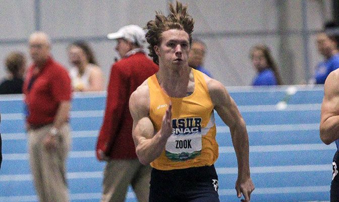 Montana State Billings' Sam Zook opened his indoor season with school records in the 100 meters and 200 meters. Photo by Loren Orr.