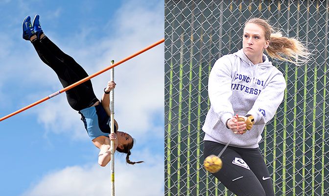 Anna Paradee (left) reset her own GNAC record in the women's pole vault while Christina MacDonald broke teammate McKenzie Warren's GNAC record in the women's hammer.