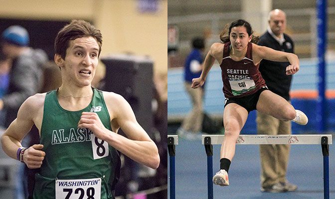 Alaska Anchorage's Dominik Notz (left) leads the GNAC in both the 5,000 and 10,000 meters. Seattle Pacific's Scout Cai placed second in the GNAC heptathlon as a freshman.