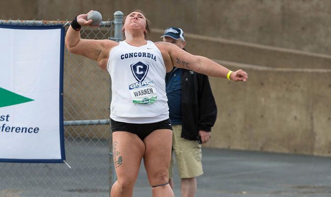 Competing in her first GNAC Outdoor Championships, Warren broke records in both the shot put (54-3.75) and the discus (157-11.25). Photo by Chris Oertell.