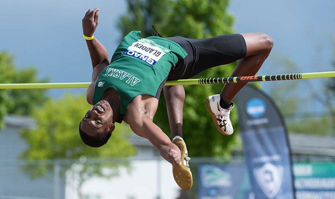 Tevin Gladden won the high jump title with a GNAC Championships record of 6 feet, 11 inches. Photo by Chris Oertell.