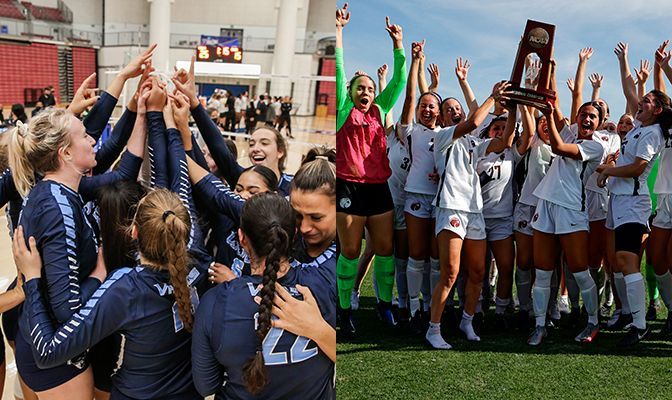 Members of the Western Washington volleyball (left) and Seattle Pacific women's soccer teams (right) celebrate after securing NCAA West Region championships with tournament wins this week.