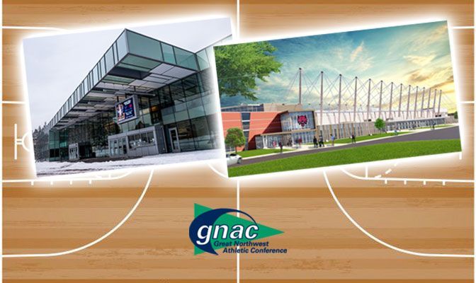 Western Washington's Carver Gym (left) last hosted the GNAC Championships in 2019. Nicholson Pavilion will host the one-site tournament for the first time.