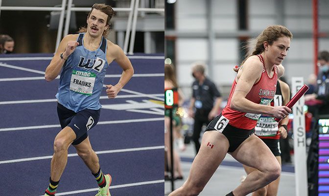 Western Washington's Mac Franks (left) and Simon Fraser's Alison Andrews-Paul (right) each won 800 meter titles for their respective teams, setting personal bests and GNAC Top 10 times in the process.