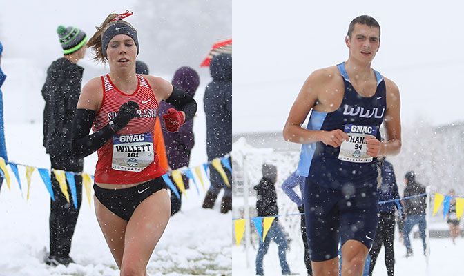 Olivia Willett (left) is the top returning placer for Simon Fraser from the 2019 GNAC Championships. Mac Frank is one of two returners from 2019 for Western Washington. Photos by Jenna Martin.