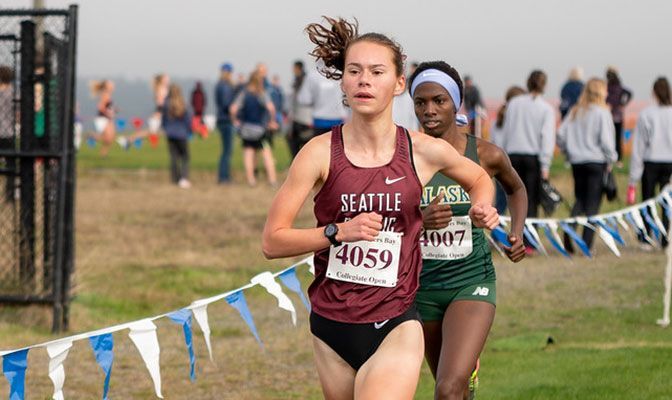 Annika Esvelt won the Chambers Bay Collegiate Open by 15 seconds over Alaska Anchorage's Nancy Jeptoo. Is was her third-ever collegiate meet. Photo by Marissa Lordahl.