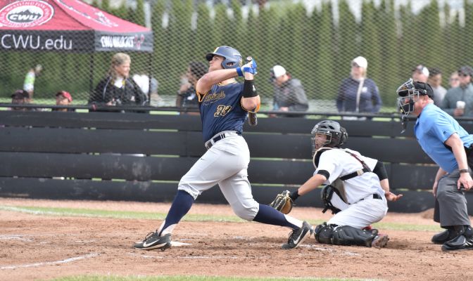 Montana State Billings slugger Ryan Myers went 1 for 3 with three RBIs. His lone hit of the game was his 14th home run of the season. Photo by Bryan Clark.