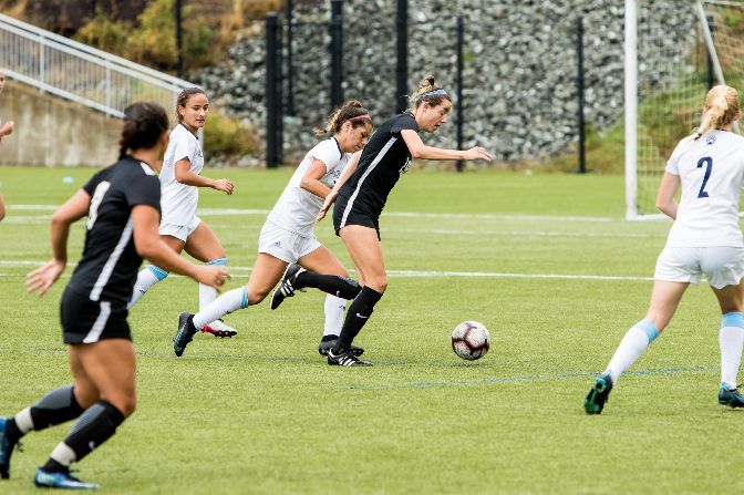 Tera Ziemer dribbles towards the goal during a game at Sonoma State. Ziemer's four goals lead the GNAC.