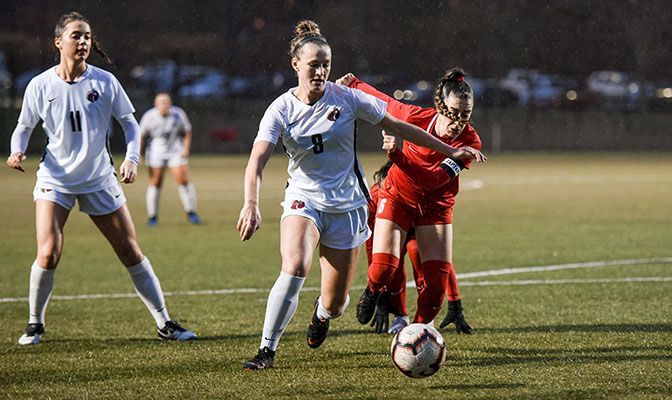 Chloe Gellhaus controls the ball during the first GNAC Championships semifinal at Harrington Field in Bellingham, Wash.