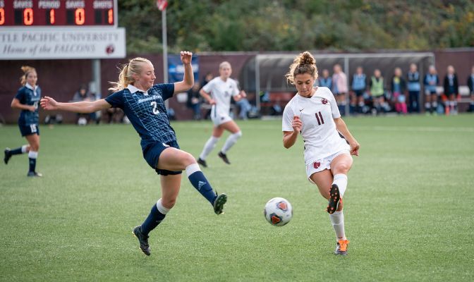 Seattle Pacific midfielder Claire Neder (right) controls the ball against Sonoma State in a regional semifinal NCAA tournament match.