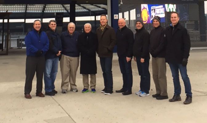 Burton, third from left, with the GNAC officiating team that worked the 2016 NCAA Division II Football Championship game in Kansas City.