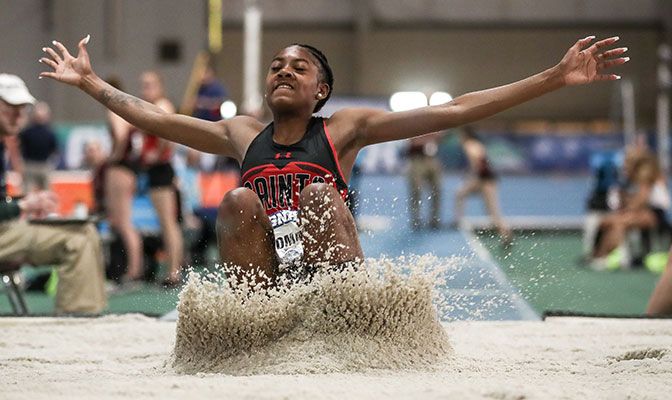 Saint Martin's Keshara Romain was named the Women's Track Athlete of the Meet at the GNAC Indoor Championships after setting the GNAC record in the triple jump. Photo by Loren Orr.