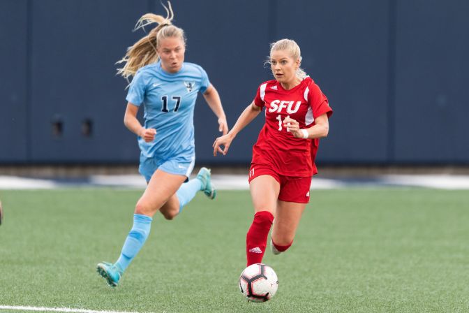 Simon Fraser's Jenna-lee Baxter (right) and Western Washington's Grace Eversaul (left) were both named to the 2018 D2CCA Women's Soccer All-West Region Team on Wednesday.