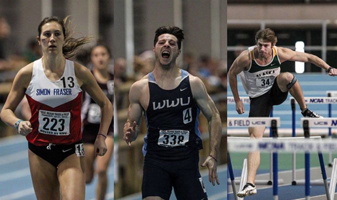 SFU's Lindsey Butterworth (far left), WWU's Alex Donigian (middle) and UAA's Cody Thomas (far right) have been voted GNAC Indoor Athletes of the Year (Photos by Loren Orr)