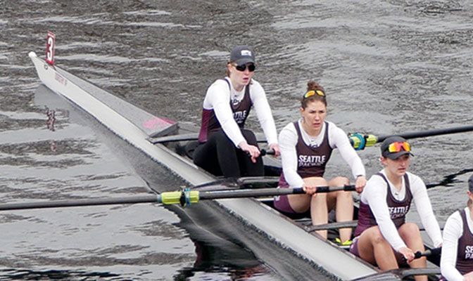 Suzanne Stafford (left) has been in the bow seat of the Seattle Pacific varsity 8+ in two of the Falcons' three regattas. Photo by Dan Lepse.