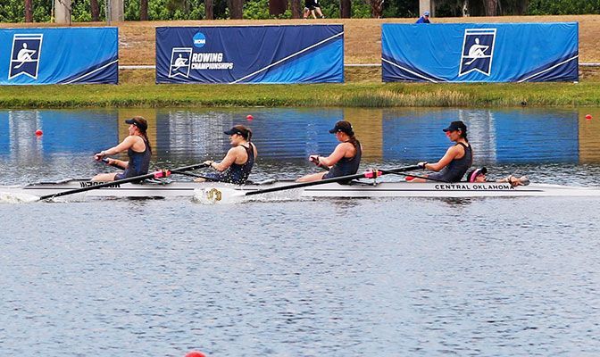 The Bronchos' Varsity 4+ opened a boat-length lead over the first 500 meters and rolled to a 24-second victory in a time of 7:42.6. Photo courtesy of the NCAA.