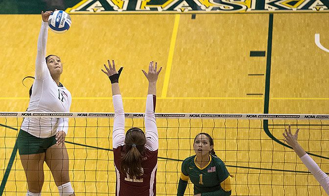 Diana Fa'amausili, the GNAC Freshman of the Year, shared the match lead with Leah Swiss with 14 kills. Photo by Adam Phillips/UAA Athletics.
