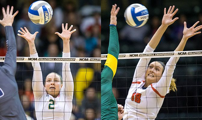 Morgan Hooe (left) paced Alaska Anchorage with 10.61 assists per set and .370 hitting percentage. Madi Farrell led the GNAC with a .354 hitting percentage. Photos by Skip Hickey.
