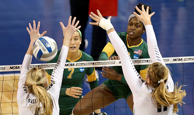 Leah Swiss (left) and Chrisalyn Johnson combined for 31 kills to lead Alaska Anchorage to its first national title match. Photo by Dave Eggen.