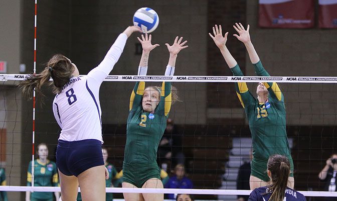 The championship match ended great careers for Alaska Anchorage seniors Morgan Hooe (left, No. 2) and Erin Braun. Photo by Josh Jurgens.