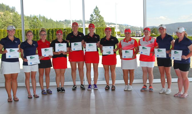 GNAC women's all-academic team (from left): WWU's Branigan and Bourland, SFU's Field, SMU's Salvatori, Read, Liedes and Dyer, NNU's Sturm and Knight, and MSUB's Shackelford and Campbell.