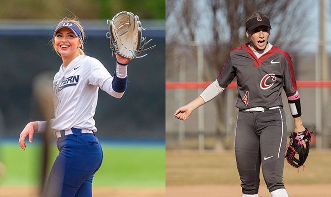 Western Washington's Sydney Brown (left) struck out 21 batters in 20 innings. Central Washington's Rhaney Harris threw a five-inning one hitter against Simon Fraser.
