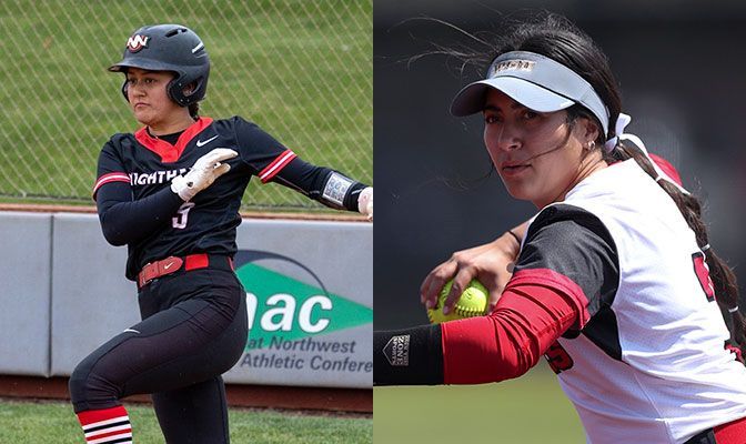 Maia McNicoll (left) finished with eight RBI in Saturday's finale with Simon Fraser. Logan Carlos hit for the cycle in Sunday's finale against Central Washington.