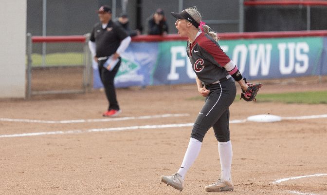 Rhaney Harris threw a complete-game two-hitter, allowing her only run with two outs in the final inning during a 4-1 win over Northwest Nazarene. Photo by Jacob Thompson.