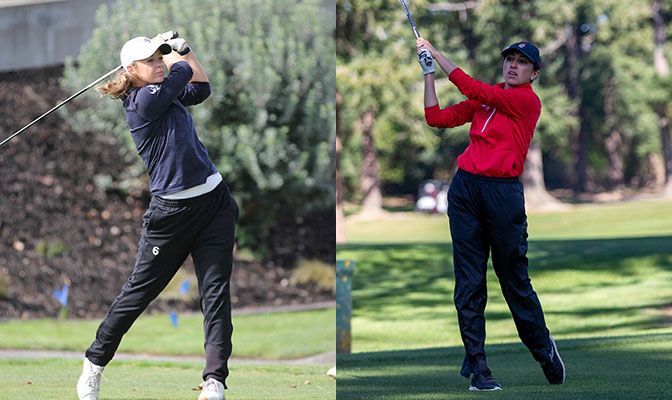 Western Washington's Megan Billeter (left), who tied the all-time GNAC low round earlier this year, will be one of the golfers looking to knock off last year's champion, SMU's Kathryn Crimp (right).