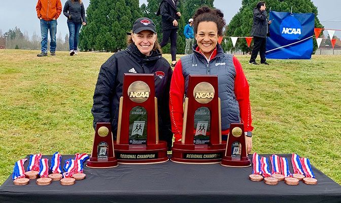 Pictured with fellow WOU alumna and GNAC associate commissioner Bridget Tetteh, Randi Lydum (left) is in her fourth year on the Division II Track and Field Committee.