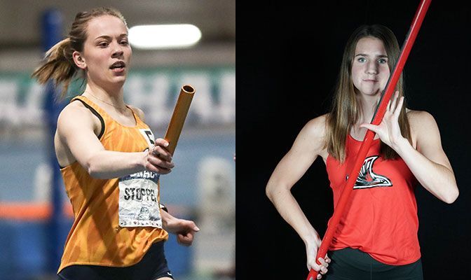 Kailee Stoppel (left) earned All-West Region honors in three different events for MSUB. Kinsey Langin was one of four BBU performers to have the top marks in their respective events in the region.