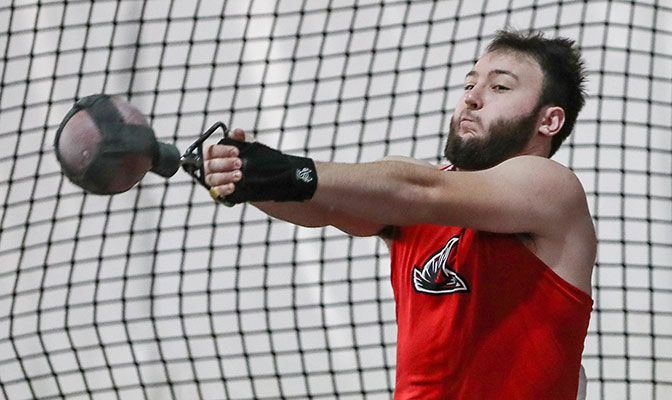 Colton Burr threw his region-leading mark in the weight throw at the Feb. 18 BYU Cougar Indoor 3. Photo by Loren Orr.