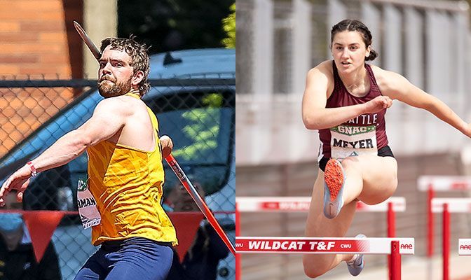 Ackerman (left) placed fourth at the NCAA Championships in the javelin. Meyer won the 100-meter hurdles, long jump and heptathlon at the GNAC Championships.